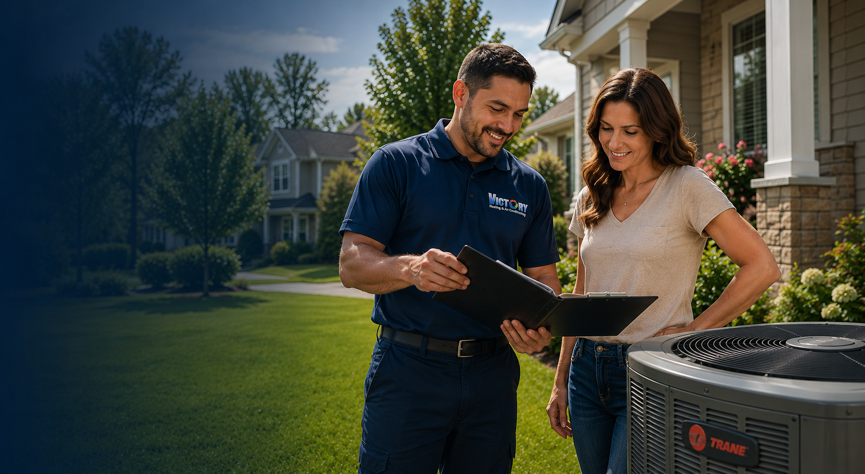 Victory HVAC technician walking to a home with the company van