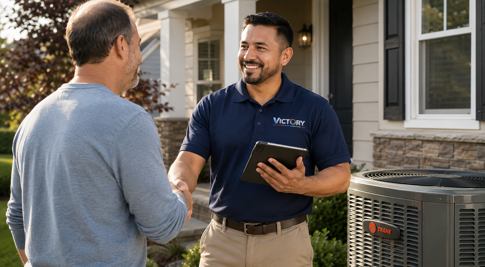 Victory Heating & Air technician shaking hands with a homeowner next to a Trane AC unit