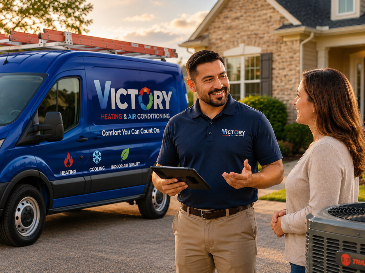 Victory technician consulting with a homeowner by the Victory Heating & Air service van